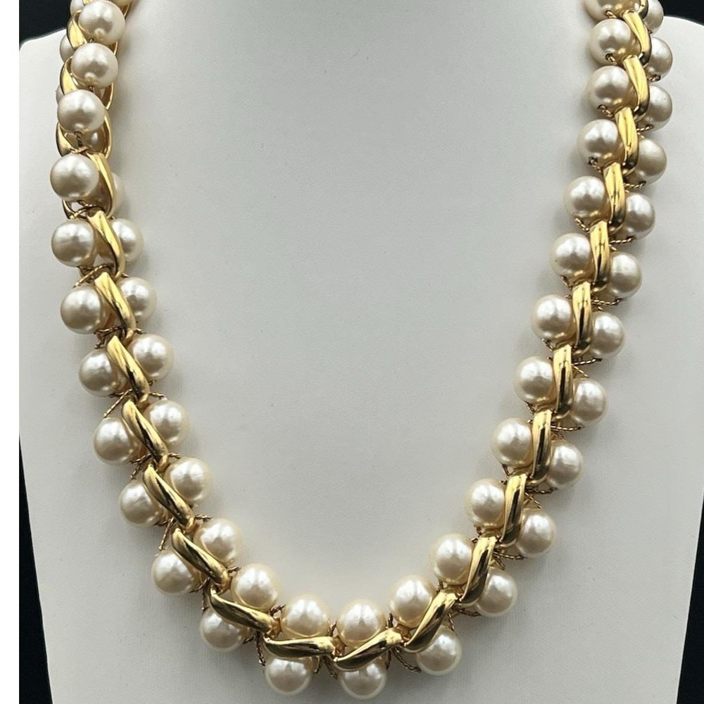 Napier Vintage Gold Tone Faux Pearl Twisted Ribbon Choker Old Money - Picture 1 of 7
